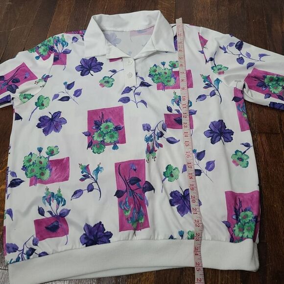 Vintage Colorful Floral Short Sleeve Polo Shirt Cottagecore - Picture 9 of 10